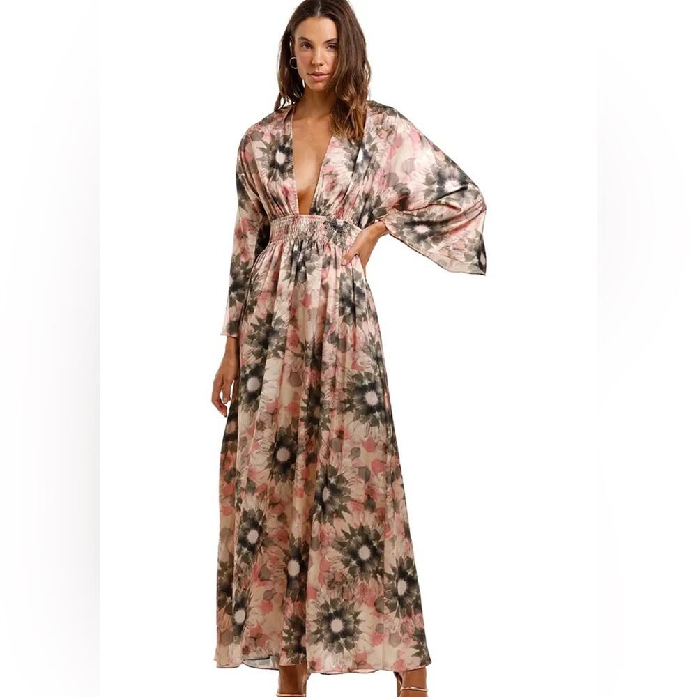 NWOT Misa Los Angeles Floral deep v Maxi Dress - Pink floral long sleeve